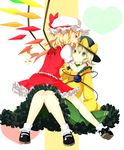  bad_id bad_pixiv_id blonde_hair flandre_scarlet frills green_eyes green_hair highres komeiji_koishi mary_janes multiple_girls ponytail red_eyes shoes short_hair side_ponytail skirt smile straddling tanaka_(tnkfif) third_eye touhou wings 