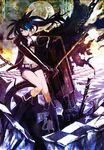  arm_support bangs belt bikini_top black_hair black_rock_shooter black_rock_shooter_(character) blue_eyes boots burning_eye chain checkered checkered_floor coat gloves highres huge_weapon knee_boots long_hair moon perspective scar shorts sitting solo star sword weapon wyx2 