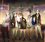  3boys backpack bad_id bad_pixiv_id bag black_eyes black_hair blonde_hair blue_eyes bow bowtie brown_hair glasses grin hands_in_pockets hat hood hoodie looking_back multiple_boys multiple_girls one_eye_closed original pocket pun2 shoes short_hair shorts smile standing train_interior watch wristband wristwatch 