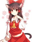  animal_ears arm_support bow brown_eyes brown_hair cat_ears cat_tail detached_sleeves gradient_eyes hair_bow hakurei_reimu hands kemonomimi_mode kohaku. large_bow long_hair midriff multicolored multicolored_eyes navel purple_eyes solo staring tail touhou 