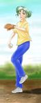  amano_takumi ball baseball baseball_mitt day green_hair hat hatsuseno_alpha open_mouth outdoors pants ponytail purple_eyes shirt sky solo standing standing_on_one_leg t-shirt yokohama_kaidashi_kikou 