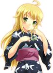  ahoge blonde_hair blush face green_eyes hands highres hoshii_miki idolmaster idolmaster_(classic) japanese_clothes kimono long_hair obi sash smile solar_kaichuudentou solo wind_chime 