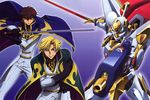  absurdres blonde_hair blue_eyes brown_hair cape code_geass gino_weinberg gloves green_eyes highres itagaki_atsushi kururugi_suzaku lancelot_(code_geass) mecha multiple_boys newtype scan sword uniform weapon 