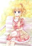  bag bench blonde_hair blue_eyes casual dress flower frills handbag maekawa_suu ponytail solo umineko_no_naku_koro_ni ushiromiya_jessica 