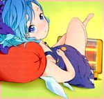  bad_id bad_pixiv_id barefoot blue_eyes blue_hair blush cirno face feet foreshortening heater lying reri solo strap_slip touhou wings 