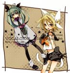  :3 alternate_hairstyle animal_ears aqua_hair bad_id bad_pixiv_id bare_shoulders blonde_hair blue_eyes blush cat_ears cat_tail dress front_ponytail gloves green_eyes hair_ornament hair_ribbon hairclip hatsune_miku kagamine_rin long_hair multicolored multicolored_eyes multiple_girls navel necktie otsuo pantyhose pigeon-toed purple_eyes ribbon sailor_collar short_hair shorts sketch smile tail twintails very_long_hair vocaloid yellow_eyes 