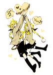  1girl bad_id bad_pixiv_id blonde_hair blush brother_and_sister hair_ornament hair_ribbon hairclip headphones heart high_five jacket kagamine_len kagamine_rin kneehighs kuwahara_souta looking_up necktie open_mouth ponytail ribbon scarf short_hair shorts siblings skirt smile socks striped striped_scarf twins vocaloid yellow_eyes yellow_neckwear 