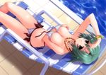  bikini bracelet breast_hold breasts chair cleavage dutch_angle green_eyes green_hair groin highres jewelry kimizuka_aoi legs lounge_chair medium_breasts navel necklace original pool poolside short_hair solo swimsuit untied 