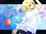  a-gatha apple arm_up back bad_id bad_pixiv_id blonde_hair blue_eyes food from_behind fruit kagamine_rin looking_back open_mouth out_of_eden_(vocaloid) see-through shirt short_hair skirt solo traditional_media vocaloid white_shirt 