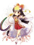  adapted_costume bell bow brown_eyes brown_hair clog_sandals detached_sleeves embellished_costume fan frills hair_bow hair_ornament hair_tubes hakurei_reimu highres jingle_bell kagura_suzu lace long_hair sen1986 solo tabi tassel touhou 