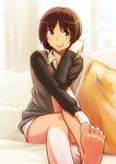  amagami barefoot black_eyes black_hair c: couch feet foreshortening legs short_hair smile soles solo tachibana_miya tamago_(yotsumi_works) toes 