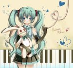  aqua_hair bad_id bad_pixiv_id bare_shoulders blue_eyes bow bowtie button_eyes elbow_gloves gloves hatsune_miku headphones heart heart_of_string long_hair looking_at_viewer necktie piano_keys pikomint skirt solo stuffed_animal stuffed_bunny stuffed_toy twintails vocaloid 