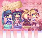  :&lt; beatrice blonde_hair blue_eyes blue_hair blush bow cat_tail chibi chocolat_(momoiro_piano) choker cosplay costume_switch crossed_arms dress fang flower formal frederica_bernkastel frills furudo_erika hair_flower hair_ornament hat lambdadelta long_hair multiple_girls one_eye_closed open_mouth pink_bow pink_hat purple_eyes red_flower red_rose ribbon rose short_hair smile standing standing_on_one_leg tail thighhighs twintails umineko_no_naku_koro_ni 