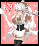  adapted_costume alternate_costume apron ascot bad_id bad_pixiv_id bangs black_legwear blush border bow breasts corset cup dress_shirt elbow_gloves embarrassed enmaided fujiwara_no_mokou gloves grey hair_bow hair_ribbon hati105 head_tilt high_ponytail highres hips large_bow large_breasts long_hair looking_at_viewer maid miniskirt nose_blush pink_background ponytail puffy_sleeves red_eyes ribbon saucer shirt sidelocks silver_hair skirt solo standing sweatdrop teacup teapot thighhighs thighs touhou tray very_long_hair waitress white_gloves zettai_ryouiki 