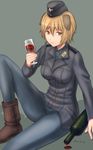  alcohol animal_ears brave_witches brown_eyes brown_hair military military_uniform pantyhose sabamu solo uniform waltrud_krupinski wine world_witches_series 