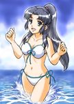  asakura_ryouko bikini blue_eyes blue_hair breasts cleavage front-tie_top fujita_(speedlimit) large_breasts long_hair navel ponytail side-tie_bikini smile solo suzumiya_haruhi_no_yuuutsu swimsuit wading water 