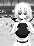  angry baseball baseball_uniform flandre_scarlet greyscale helmet monochrome seven_star short_hair sportswear touhou wings 