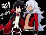  bad_id bad_pixiv_id bandages belt black_background cape collar disgaea fenrich_(disgaea) gloves jacket long_hair makai_senki_disgaea_4 male_focus multiple_boys navel oniku_(mndayo) open_clothes open_jacket orange_eyes pointy_ears red_eyes smile tail valvatorez_(disgaea) white_hair 