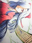  artist_request blue_hair japanese_clothes kasugano_tsubaki kimono long_hair mirai_nikki ribbon scroll solo 