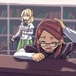  blind blonde_hair blue_eyes book bow cane glasses hair_bow hairband kamifish katawa_shoujo library lowres multiple_girls pain ponytail red_hair satou_lilly shirakawa_yuuko 