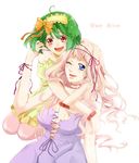  bare_shoulders blonde_hair blue_eyes bow breasts cleavage fang floating gen_(enji) green_hair happy headband highres hug hug_from_behind kneeling large_breasts long_hair macross macross_frontier multiple_girls one_eye_closed open_mouth ranka_lee red_eyes ribbon sheryl_nome short_hair smile 