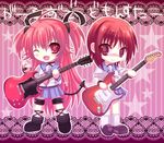  angel_beats! bad_id bad_pixiv_id chibi guitar instrument iwasawa long_hair morimori multiple_girls one_eye_closed pink_hair red_eyes red_hair school_uniform serafuku short_hair yui_(angel_beats!) 