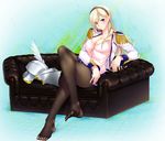  bad_id bad_pixiv_id blonde_hair blue_eyes blush breasts celia_kumani_entory cleavage couch crossed_legs f-cla feet hairband helm helmet large_breasts legs long_hair long_legs pantyhose sitting smile solo thighs walkure_romanze winged_helmet 