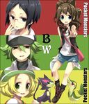  2girls bad_id bad_pixiv_id baseball_cap bel_(pokemon) blonde_hair blue_eyes brown_hair cheren_(pokemon) chiruku denim denim_shorts gen_5_pokemon glasses green_eyes green_hair hat long_hair multiple_boys multiple_girls n_(pokemon) pokemon pokemon_(creature) pokemon_(game) pokemon_bw ponytail purrloin short_hair shorts snivy touko_(pokemon) v 