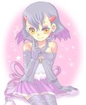  arm_support artist_request bare_shoulders earrings elbow_gloves gen_4_pokemon gloves jewelry lowres miniskirt orange_eyes personification pokemon purple_hair purugly skirt smile solo source_request tail thighhighs zettai_ryouiki 