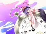  clock frills hat hat_ribbon minigirl nagae_iku oversized_object pocket_watch purple_hair ribbon scarf seven_star short_hair solo touhou watch 