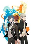  2boys bad_id bad_pixiv_id chilbok evoker female_protagonist_(persona_3) glasses grey_hair gun izanagi multiple_boys narukami_yuu orpheus persona persona_3 persona_3_portable persona_4 school_uniform short_hair skirt weapon yuuki_makoto 