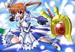  blue_eyes brown_hair fingerless_gloves gloves hidechuu left-handed long_hair lyrical_nanoha mahou_shoujo_lyrical_nanoha mahou_shoujo_lyrical_nanoha_the_movie_1st raising_heart solo takamachi_nanoha twintails 