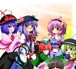  animal_ears bad_id bad_pixiv_id black_hair blue_hair braid cat_ears cat_tail everyone extra_ears fang food fruit green_eyes green_hair hairband hat heart hinanawi_tenshi kaenbyou_rin komeiji_koishi komeiji_satori meguris multiple_girls multiple_tails nagae_iku open_mouth peach pink_hair pointy_ears pout purple_eyes red_eyes red_hair reiuji_utsuho smile tail third_eye touhou twin_braids wings 