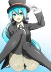  aqua_eyes aqua_hair checkered fishnet_pantyhose fishnets gloves hat hatsune_miku long_hair magician magician_(module) miracle_paint_(vocaloid) pantyhose project_diva project_diva_(series) sitting smile solo thighhighs top_hat vocaloid wakame 
