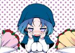  bad_id bad_pixiv_id blue_hair blush bouquet breast_squeeze breasts covered_nipples embarrassed flower hands_on_own_face heart hood kumoi_ichirin medium_breasts muu_rian open_mouth polka_dot polka_dot_background short_hair solo symbol-shaped_pupils touhou 