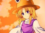  bad_id bad_pixiv_id blonde_hair cloud hair_ribbon hat moriya_suwako oukawa_yuu purple_eyes ribbon short_hair sky smile solo sunset touhou turtleneck wide_sleeves 