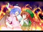  bat_wings battle blood blood_on_face blue_eyes blue_hair braid burning_hand chin_grab china_dress chinese_clothes clenched_teeth dress duel fang fire grin hat hong_meiling long_hair multiple_girls mumyuu red_eyes red_hair remilia_scarlet short_hair smile teeth touhou twin_braids wings 