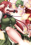  ascot bare_legs battle blush braid breasts chinese_clothes duel fighting_stance green_eyes green_hair green_skirt hat hong_meiling kazami_yuuka large_breasts legs long_hair long_skirt mary_janes messy_hair mokku multiple_girls open_mouth petals plaid plaid_skirt plaid_vest red_eyes red_hair red_skirt shirt shoes short_sleeves side_braid skirt skirt_set taut_clothes taut_shirt touhou twin_braids umbrella vest 