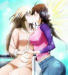  blonde_hair blush breasts brown_hair couple hidaka_chiho highres impossible_clothes impossible_shirt kiss long_hair multiple_girls screencap sekirei shirt stitched third-party_edit uzume yuri 