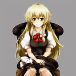  blonde_hair bow braid chair grin hair_bow hat hat_removed headwear_removed k2isu kirisame_marisa long_hair side_braid simple_background single_braid sitting smile solo touhou yellow_eyes 