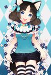  :d animal_ears argyle argyle_background bad_id bad_pixiv_id bangs blue_eyes blue_nails bow brown_hair casual chobi_(pixiv) collar dog_ears eyebrows flower hair_bow jewelry momoshiki_tsubaki nail_polish necklace open_mouth parted_bangs personification pixiv skirt smile solo striped striped_legwear thighhighs 