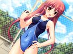  1girl :d armpits blush breasts chain-link_fence cloud competition_swimsuit covered_navel day dutch_angle fence game_cg hair_ribbon hand_on_hip impossible_clothes impossible_swimsuit long_hair medium_breasts minase_rin navel one-piece_swimsuit open_mouth outdoors pool poolside red_hair ribbon skin_tight sky smile solo splash! standing stopwatch striped striped_swimsuit swimsuit very_long_hair watch yellow_eyes 