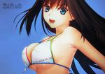  aozaki_aoko bikini_top blue_eyes breasts highres koyama_hirokazu large_breasts mahou_tsukai_no_yoru official_art open_mouth skindentation smile solo swimsuit underboob upper_body 