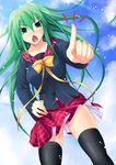  black_legwear blue_eyes breasts green_hair large_breasts long_hair open_mouth original plaid plaid_skirt pleated_skirt school_uniform skindentation skirt solo thighhighs yuntea zettai_ryouiki 