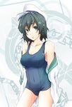  bad_id bad_pixiv_id black_hair green_eyes hat kinsenka murasa_minamitsu off_shoulder one-piece_swimsuit sailor_hat school_swimsuit short_hair solo swimsuit swimsuit_under_clothes touhou undressing 