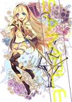  bad_id bad_pixiv_id blonde_hair blue_eyes boots flower headphones highres lily_(vocaloid) long_hair microphone microphone_stand midriff miniskirt navel nicohi phonograph sample skirt smile solo speaker thigh_boots thighhighs very_long_hair vocaloid zettai_ryouiki 