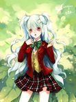  bad_id bad_pixiv_id gen_4_pokemon green_hair hair_ornament hairclip leafeon long_hair personification plaid plaid_skirt pokemon red_eyes satsuyu_ito school_uniform skirt solo two_side_up very_long_hair vest 