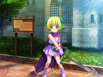  bianca's_daughter blonde_hair blue_eyes blush boots bow cape child dragon_quest dragon_quest_v gloves hair_bow hair_ribbon highres mutsuki_(moonknives) ribbon short_hair solo sword weapon 