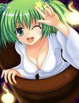  \m/ breasts bucket cleavage downblouse green_eyes green_hair hair_bobbles hair_ornament highres in_bucket in_container kisume kurowana large_breasts macross macross_frontier one_eye_closed ranka_lee seikan_hikou short_hair solo touhou twintails wooden_bucket 