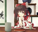  bow brown_eyes brown_hair detached_sleeves food hair_bow hakurei_reimu hands_together meat nanaran one_eye_closed own_hands_together pov ribbon solo tea touhou 